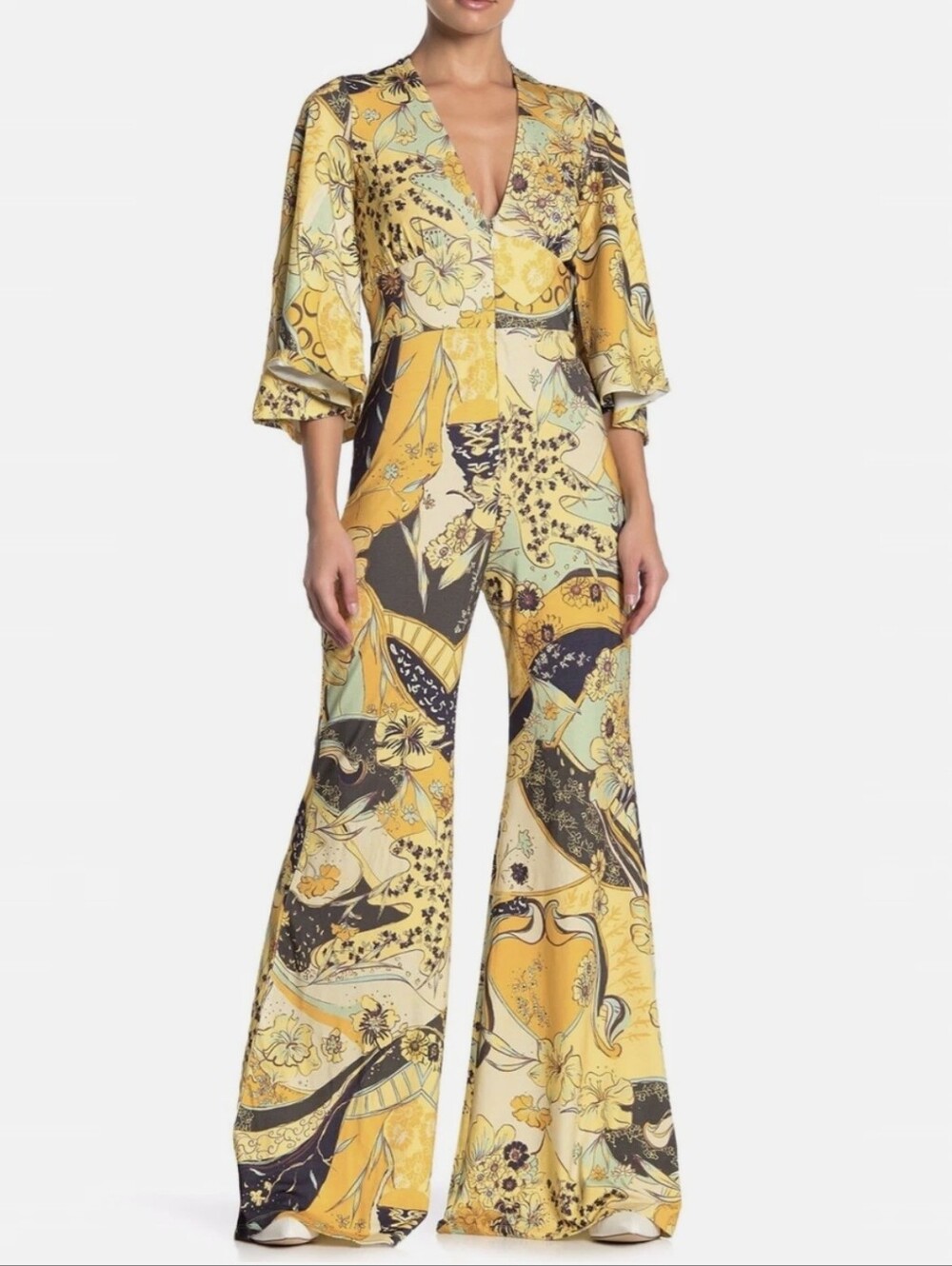 Free People Night Fever Jumpsuit Yellow/ Combo Size XS